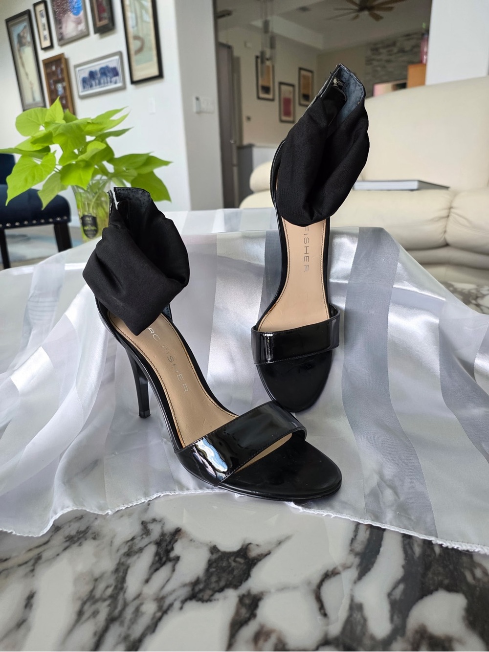 Marc Fisher Black Patent Stiletto Sandals with Black Ankle Cuff